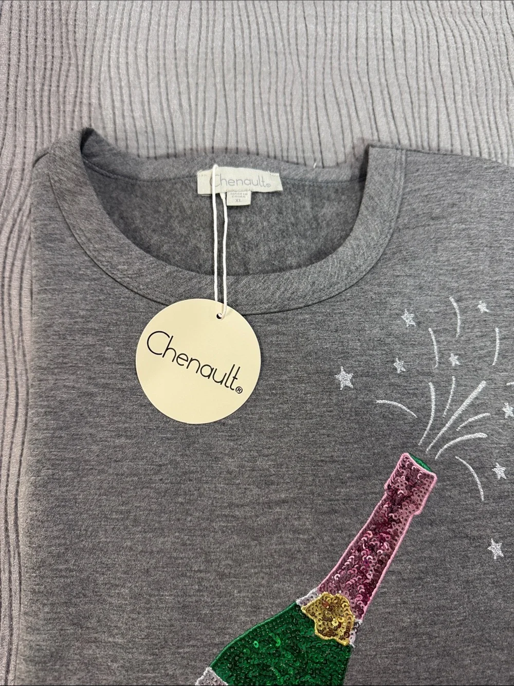 Chenault Gray Sequin Champagne Bottle Sweatshirt super soft